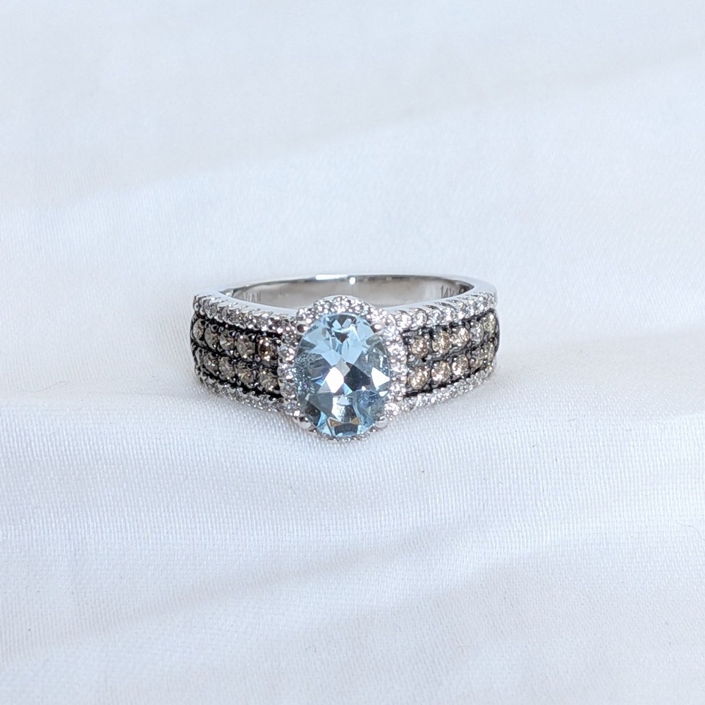 Authentic Le Vian 14K White Gold Aquamarine and Chocolate Diamond Halo Ring 6.75